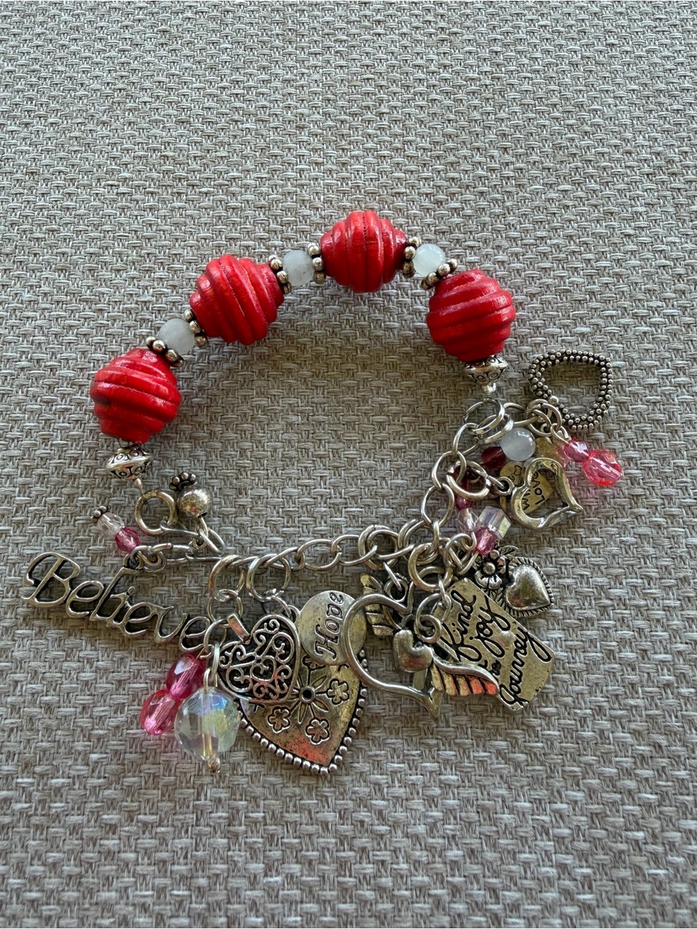 Silver-Tone Charm Bracelet with Red Beads and Pink Accents Inspirational
